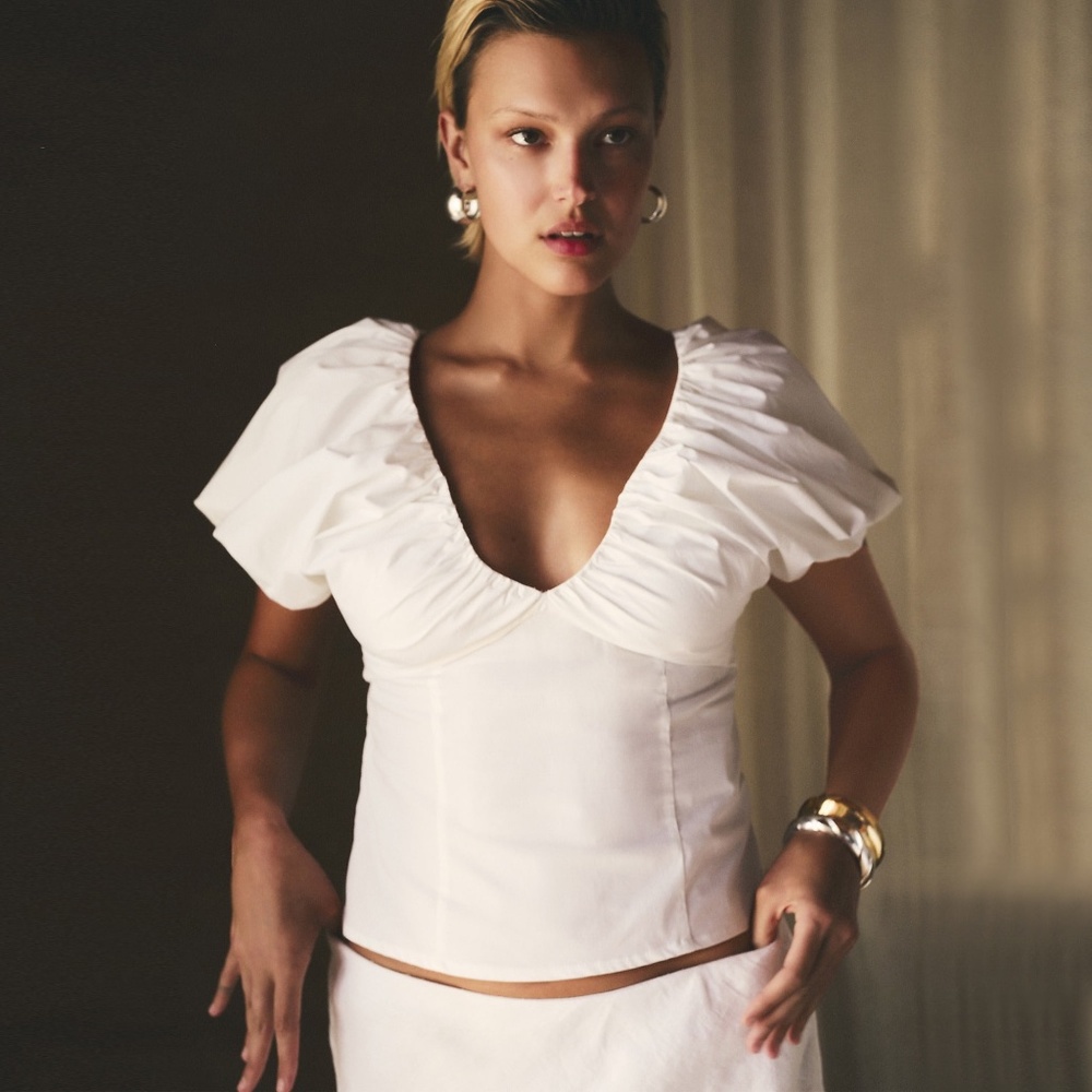 J. Crew Ivory Puff-Sleeve Deep V Blouse